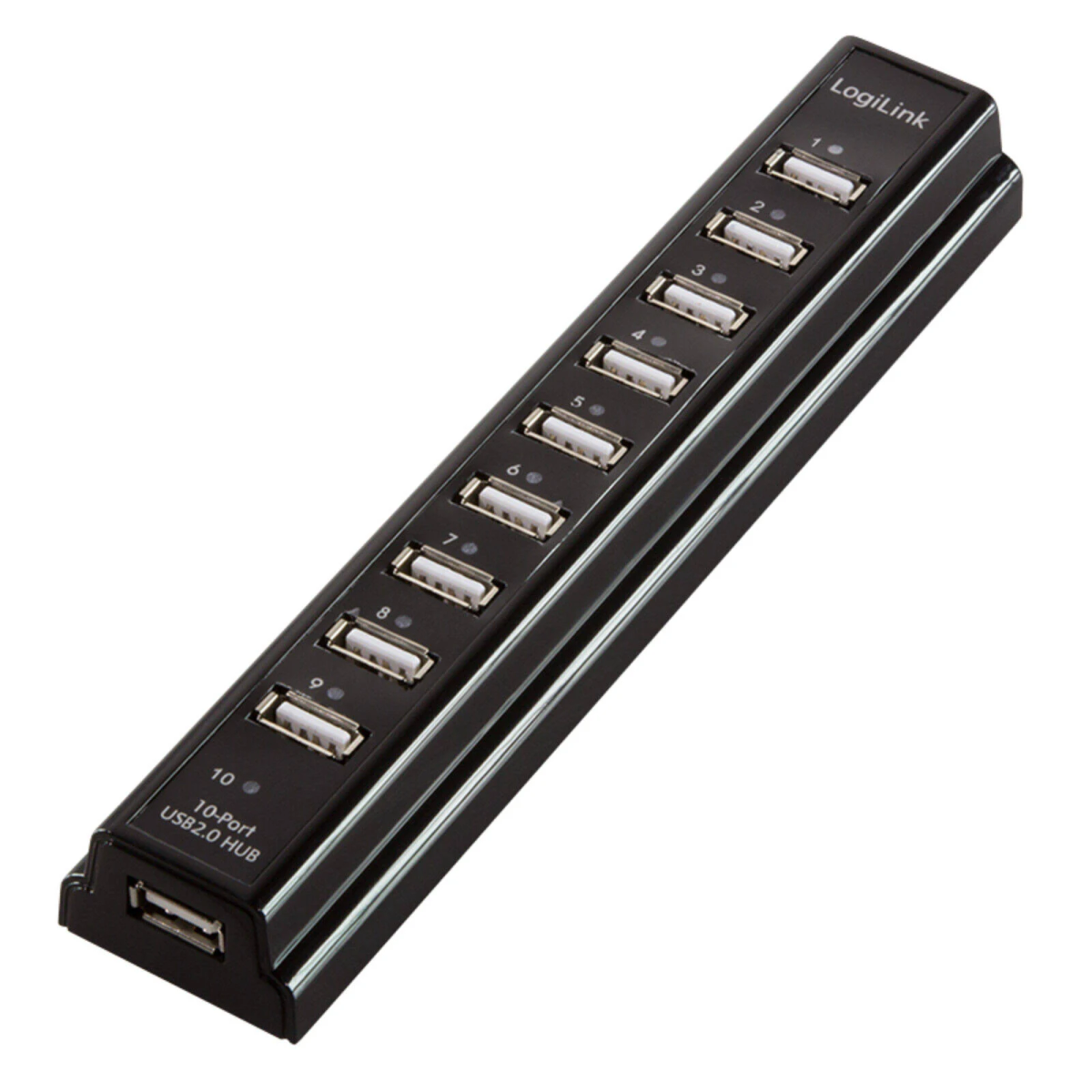 Hub USB nero a 10 porte con porte USB bianche, numerate da 1 a 10.