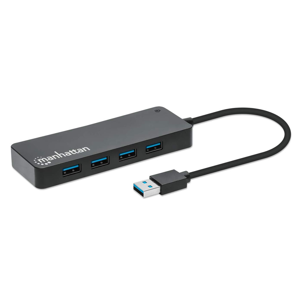 Hub USB nero con 4 porte, cavo USB-A, logo manhattan.