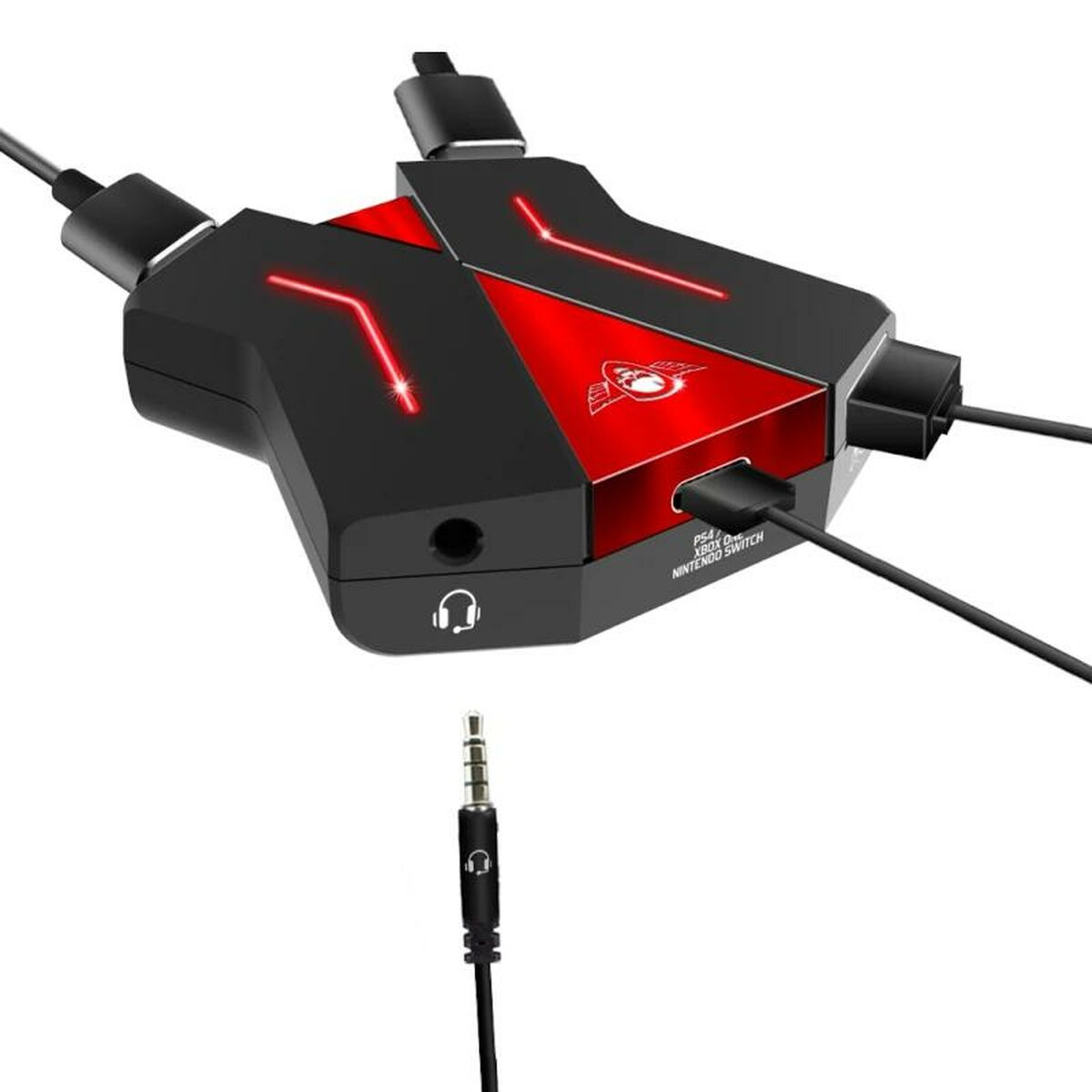 Dispositivo di gioco nero e rosso con più porte USB e un jack per cuffie, con un jack da 3,5 mm.