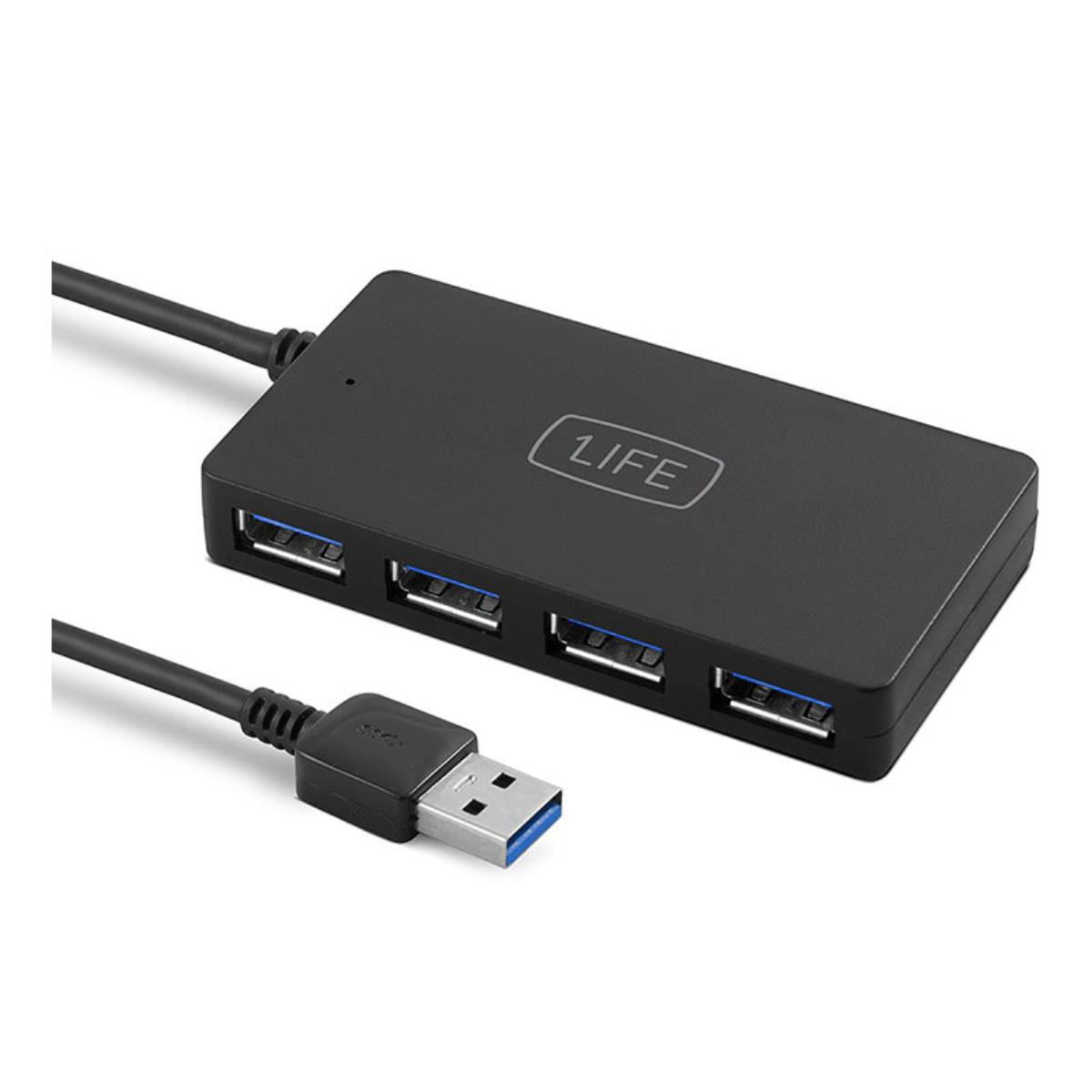 Hub USB nero con quattro porte USB 3.0. Il marchio è LIFE.