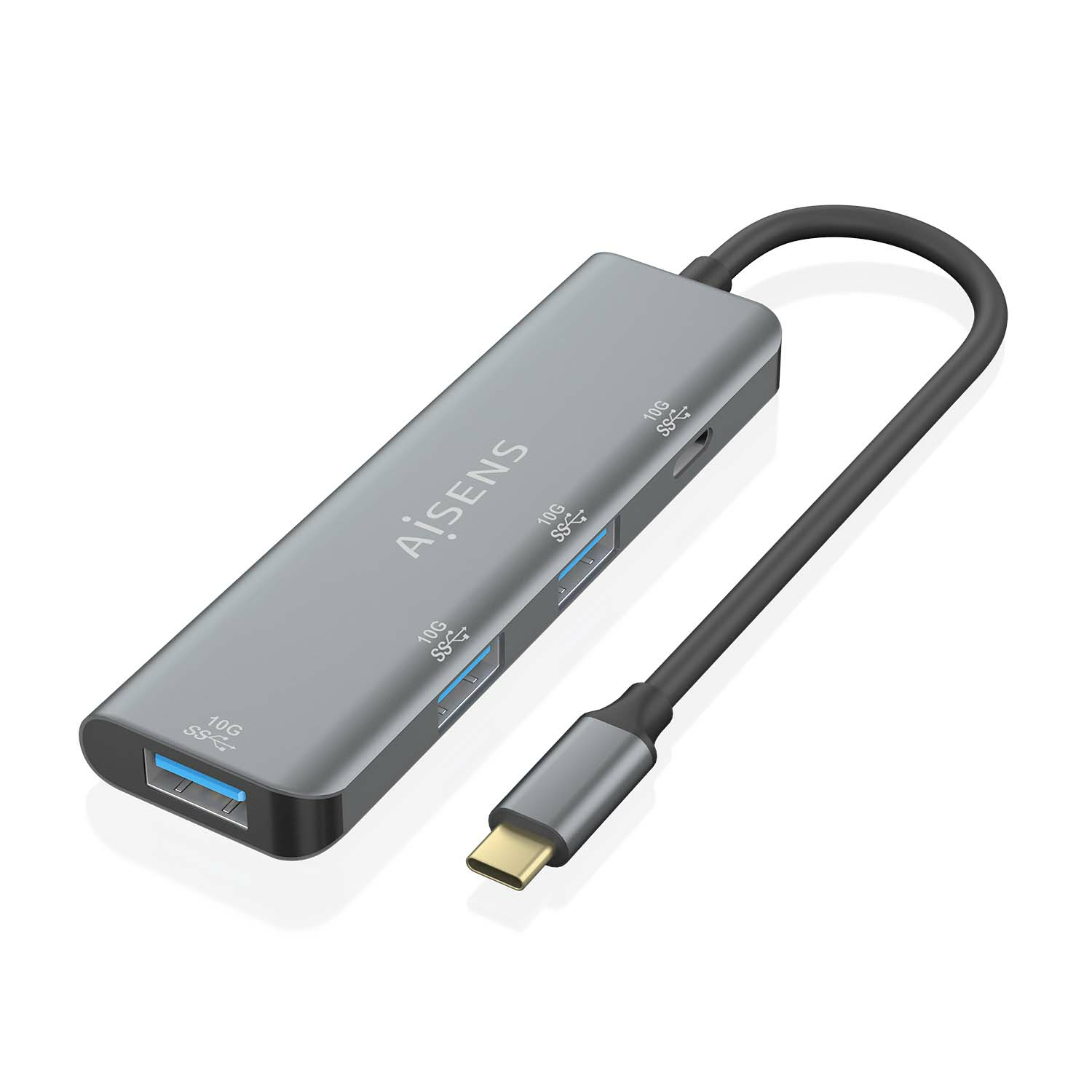 Hub USB grigio con più porte USB e un connettore USB-C, con il marchio AiSENS.