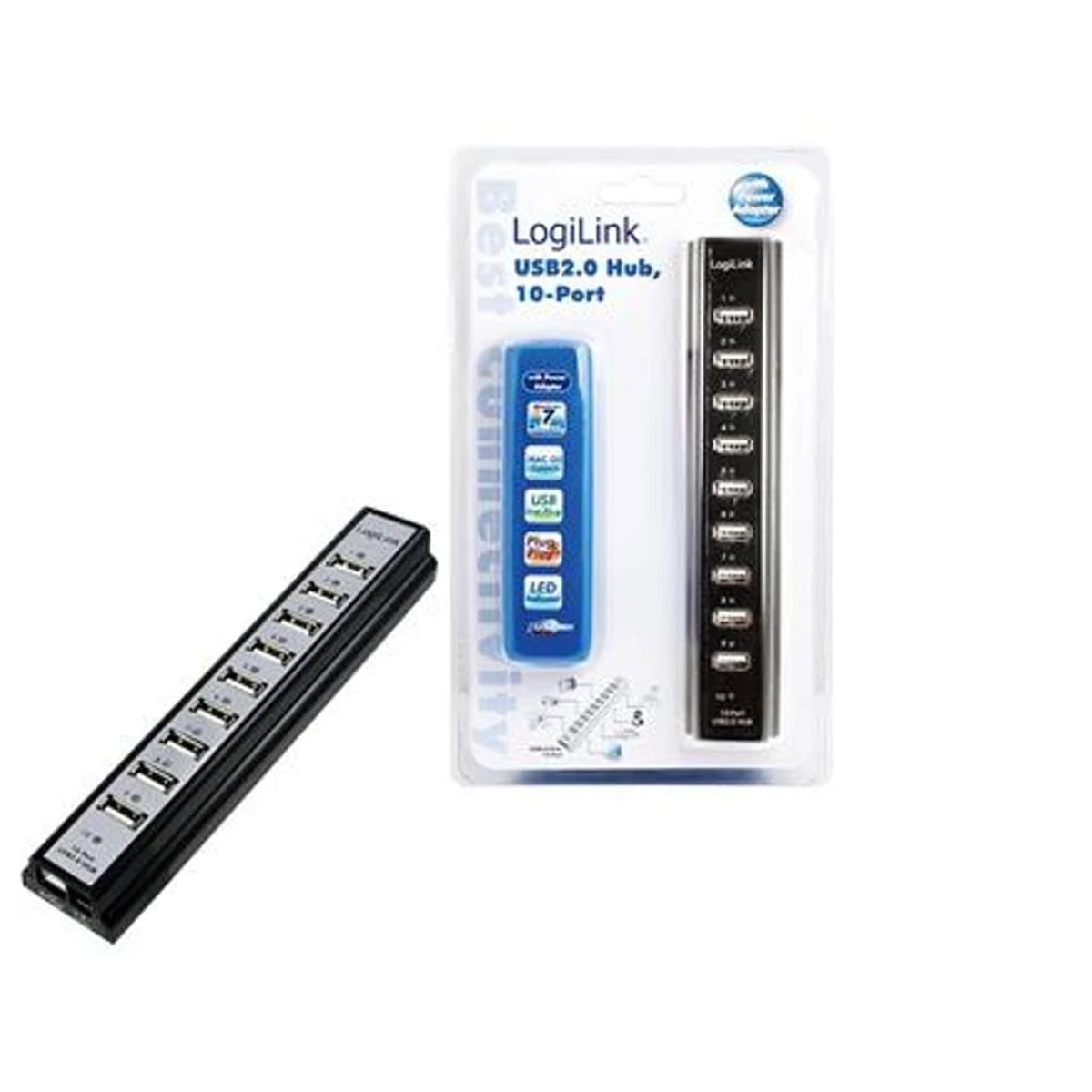 Un hub USB in una confezione, con una scheda blu e testo LogiLink su sfondo bianco.