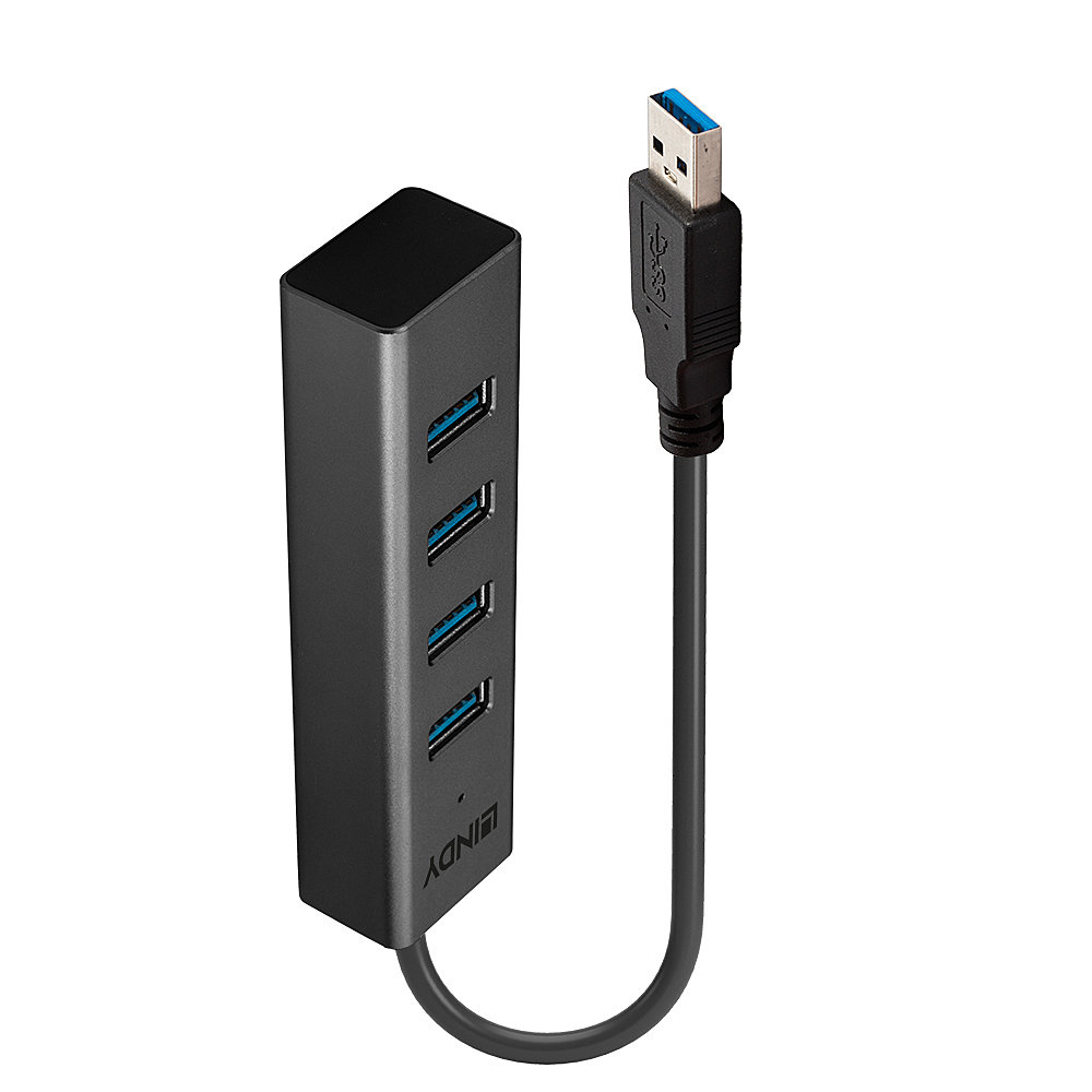 Hub USB nero con quattro porte USB blu e un cavo USB-A nero.