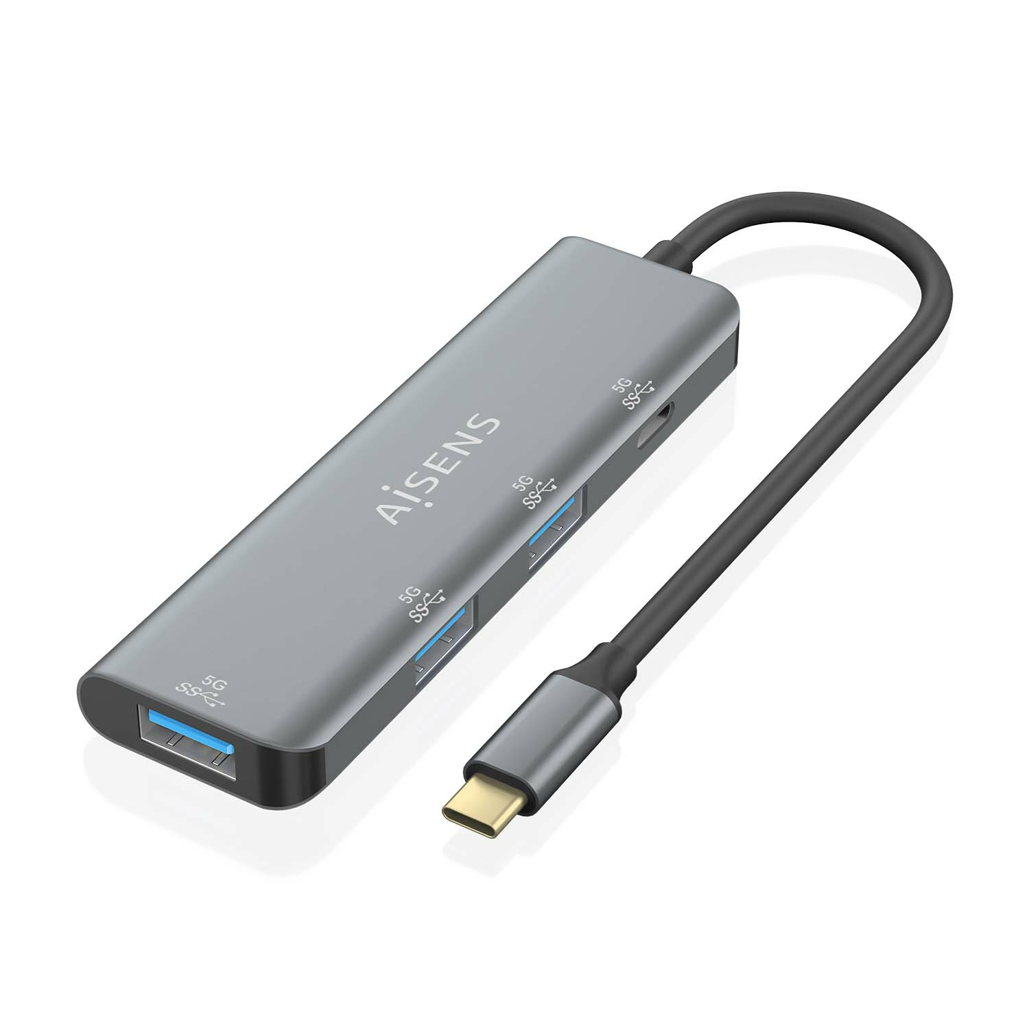Hub USB grigio con 3 porte USB e connettore USB-C e cavo. Marchio Aisens.