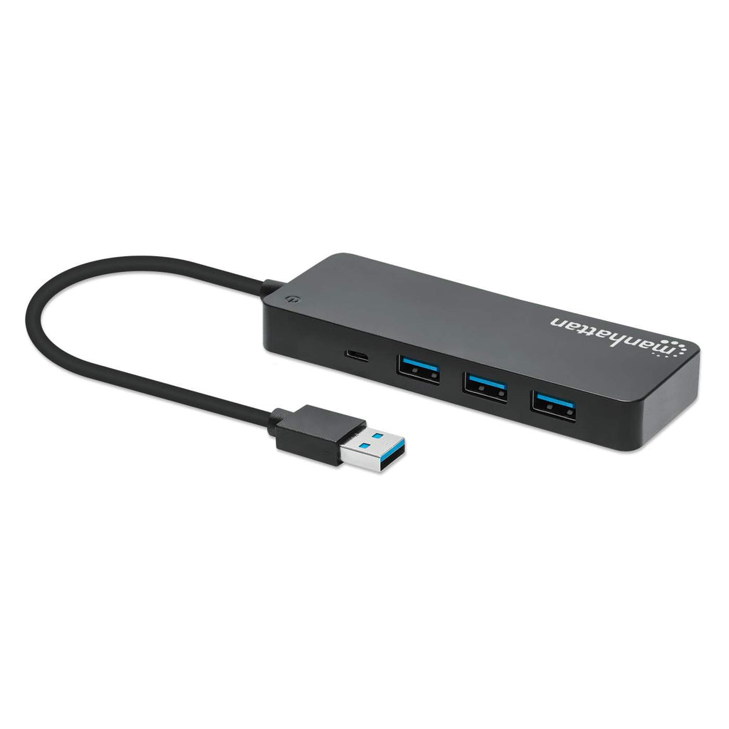 Hub USB nero con 3 porte USB, connettore e cavo USB-A, marchio manhattan.
