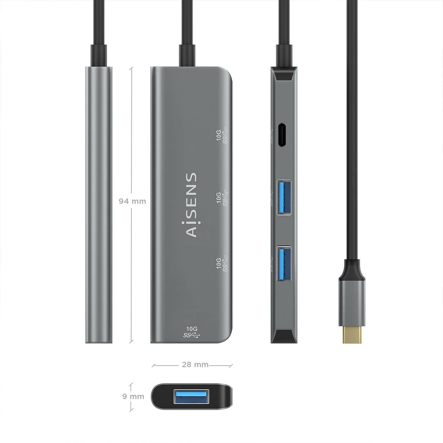 Hub USB Aisens con 2 porte USB, cavo e connettore USB-C. Le dimensioni sono mostrate.