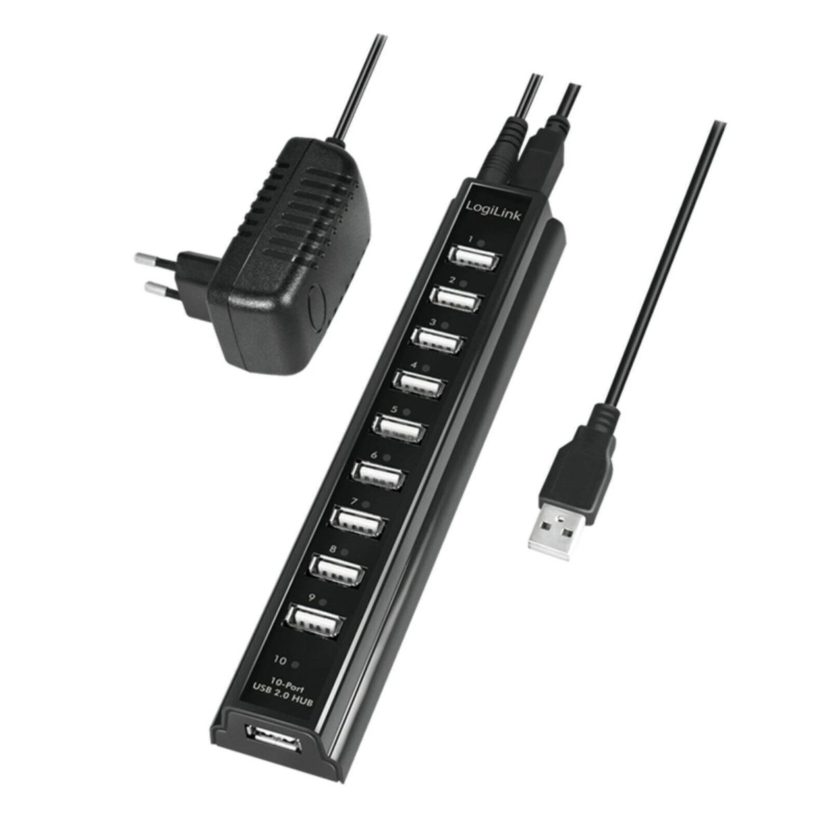 Hub USB 2.0 a 10 porte nero con alimentatore e cavo USB.