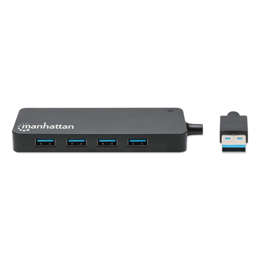 Hub USB nero con quattro porte USB e un connettore USB-A, con il logo 'manhattan'.