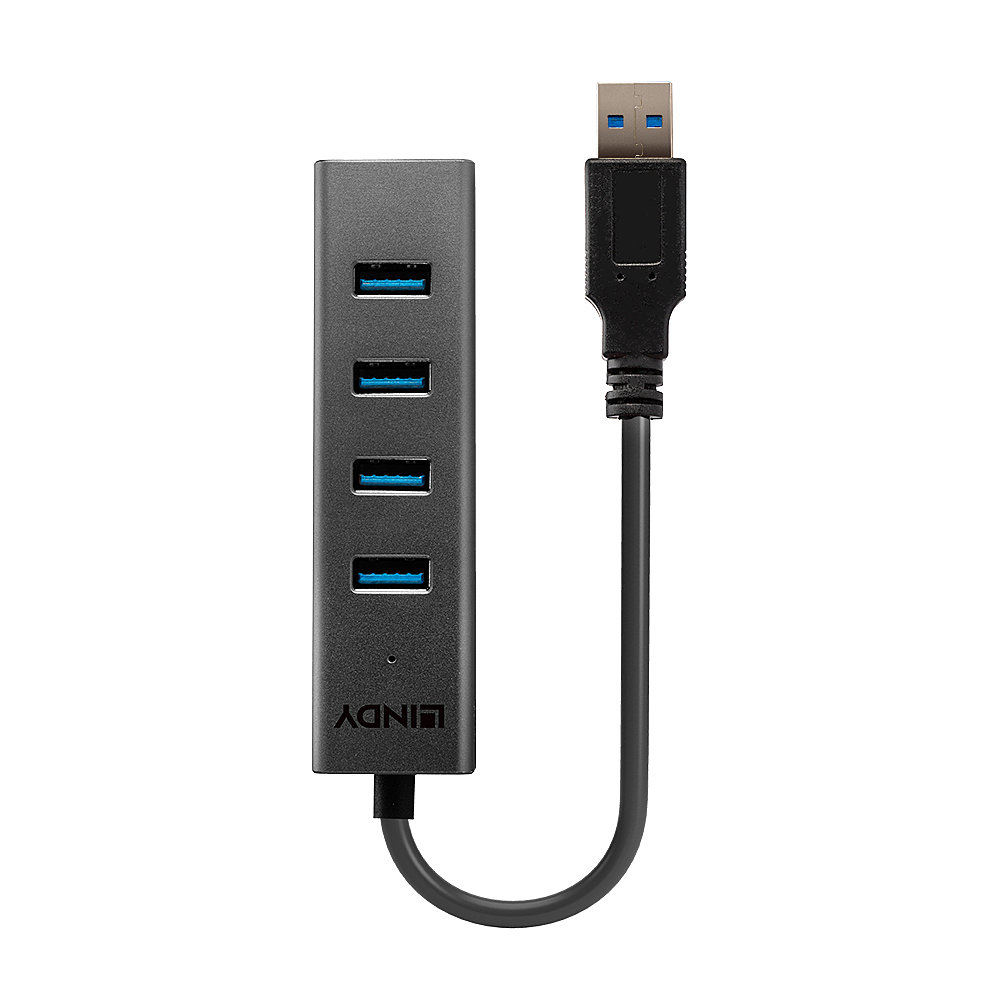 Hub USB nero con quattro porte USB blu e marchio Lindy, con cavo USB-A.