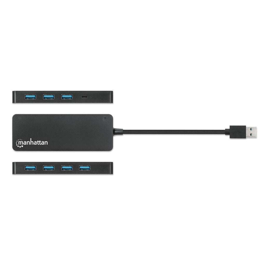 Un hub USB nero con un cavo USB-A. Quattro porte USB sono visibili, tutte blu.
