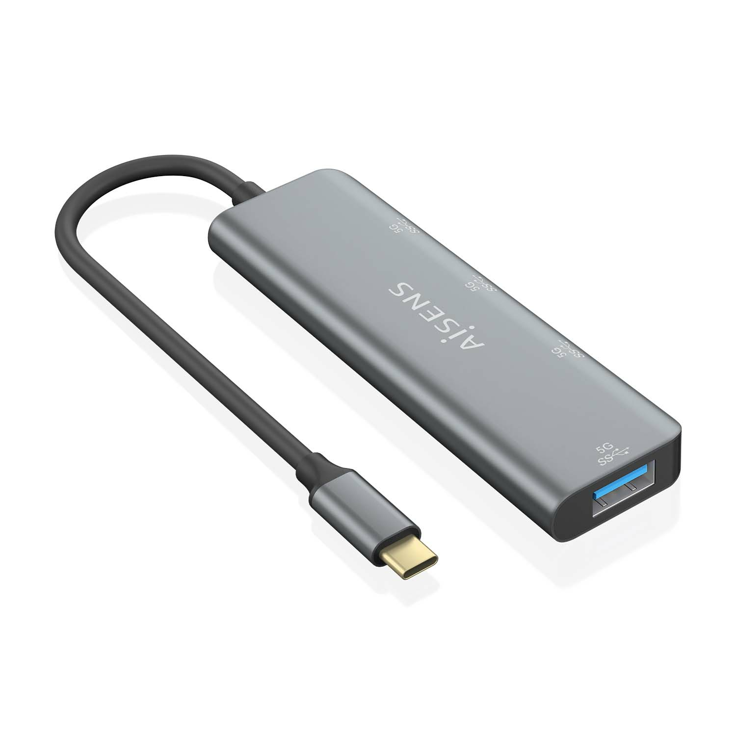 Hub USB-C argentato con cavo nero. Il marchio è AiSens.