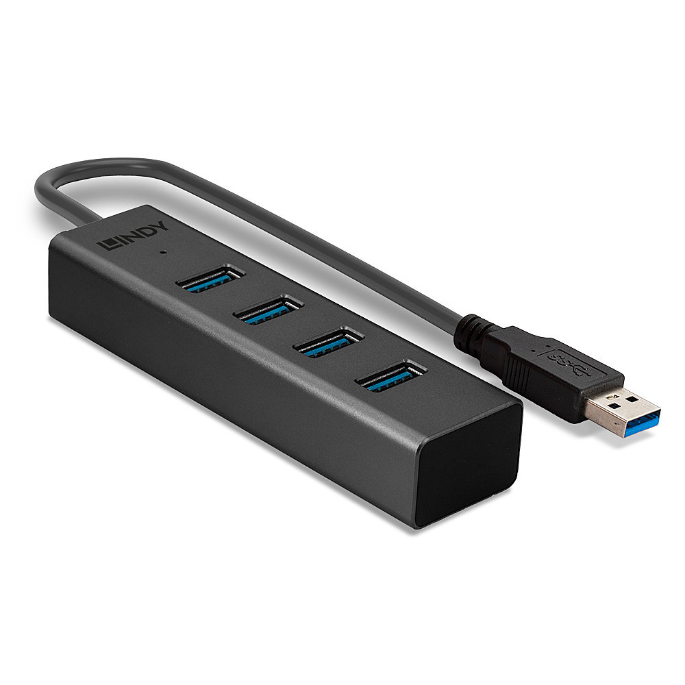 Un hub USB nero con quattro porte USB e un cavo grigio.