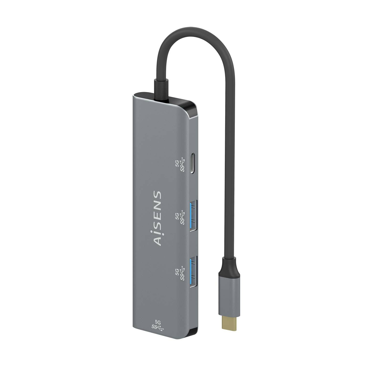 Un hub USB argentato con un cavo USB-C. Ha 3 porte USB e contrassegni 10G SS.