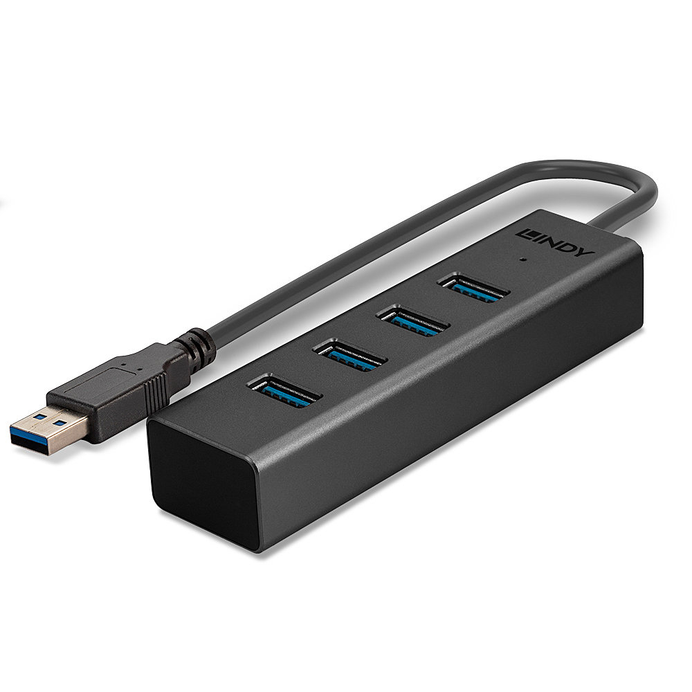 Hub USB nero con 3 porte USB, connettore e cavo USB-A, marchio Lindy.