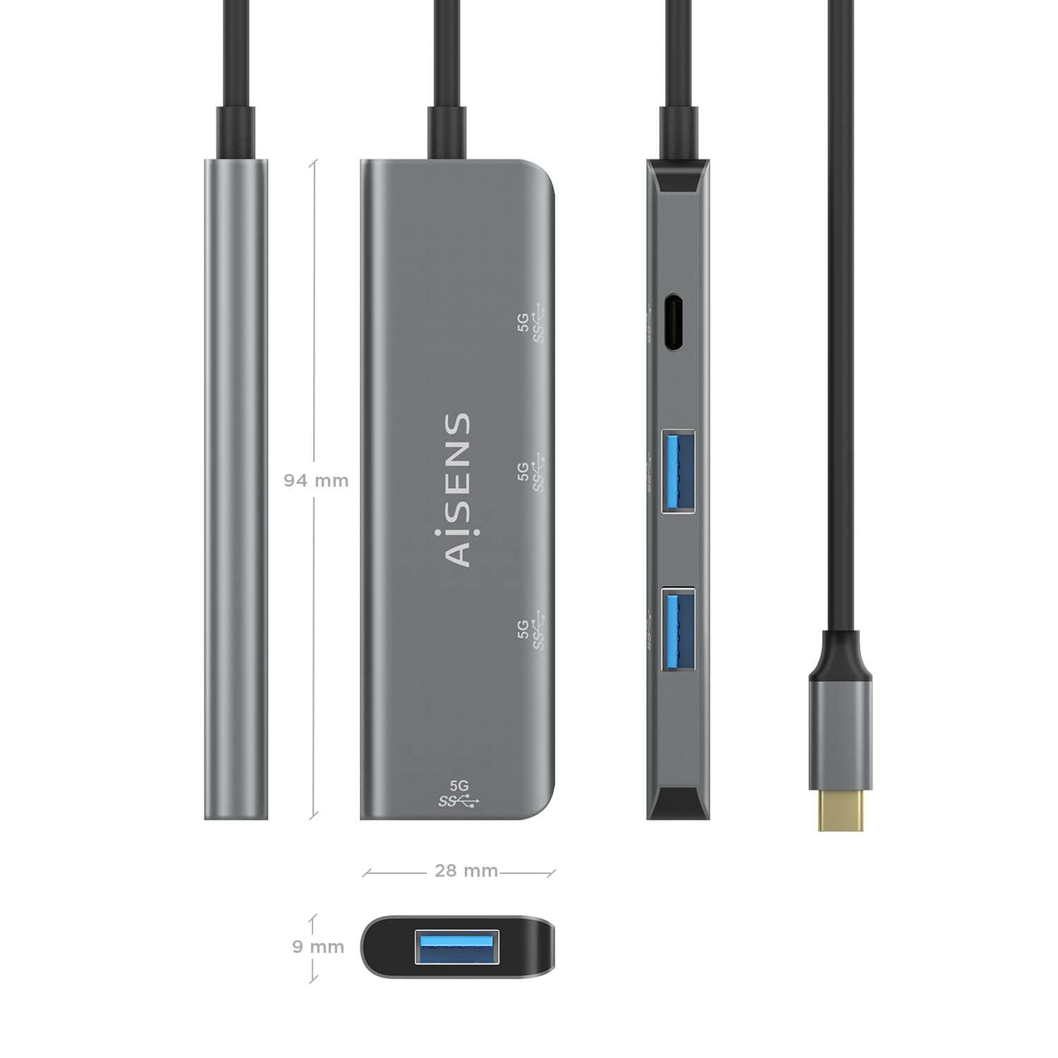 Hub USB grigio con più porte USB e un connettore USB-C, con il marchio AiSENS.