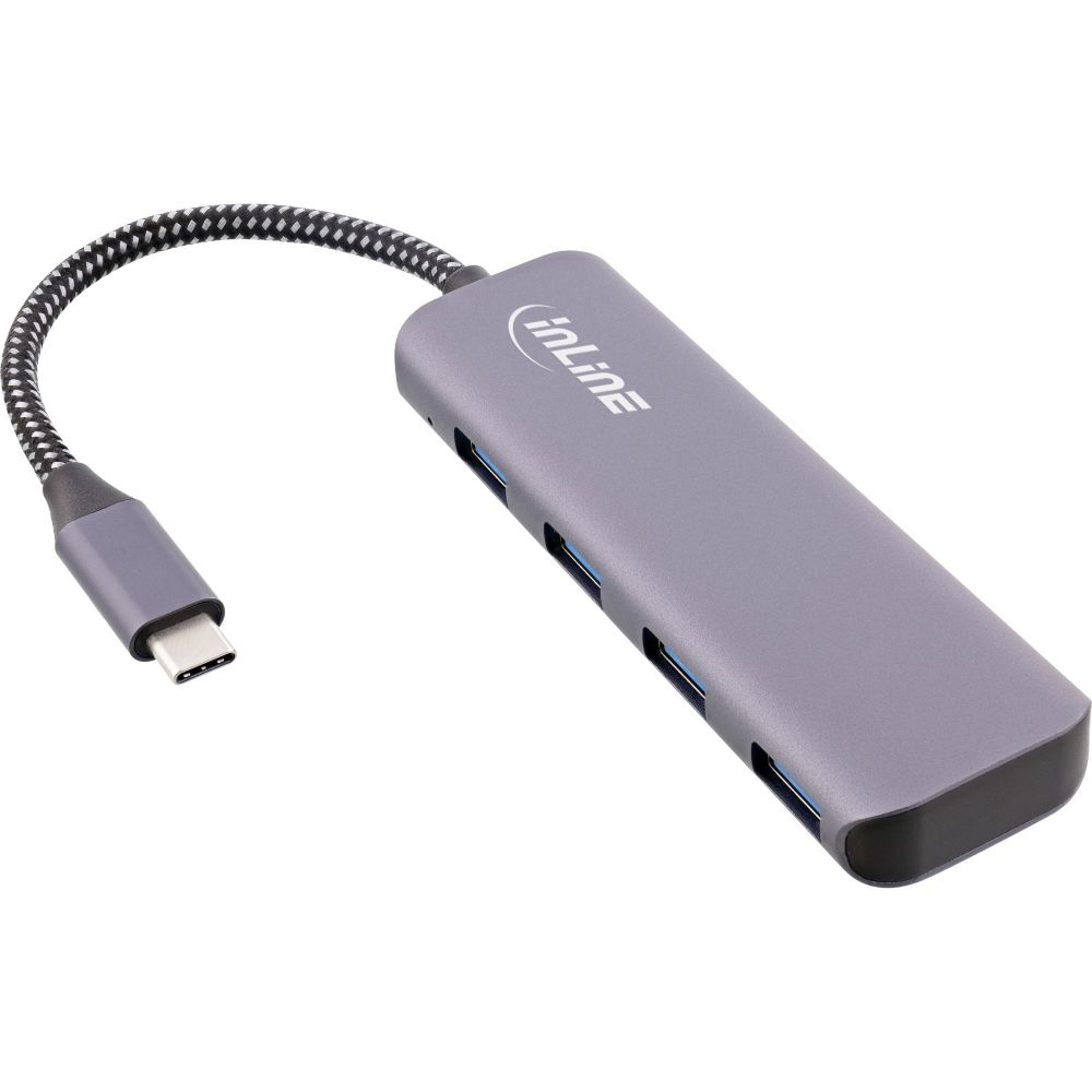 Un hub USB-C grigio con 4 porte. Ha un logo inline e un cavo intrecciato.