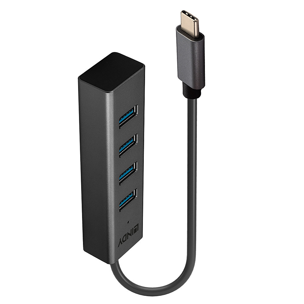 Hub USB nero con quattro porte. Il marchio è LINDY.