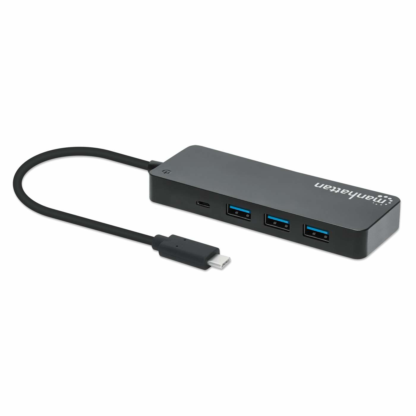 Un hub USB nero con un cavo USB-C. 3 porte USB sono visibili, tutte blu.
