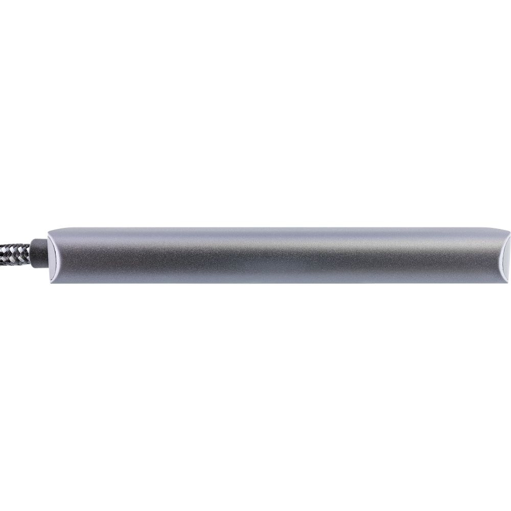 Un connettore USB-C grigio argento.