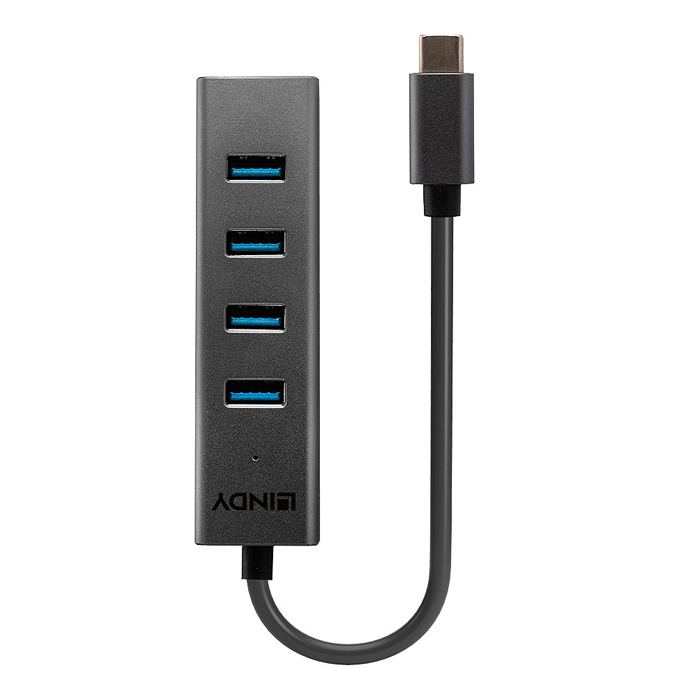 Hub USB grigio scuro con quattro porte USB e un connettore USB-C, con il marchio LINDY.