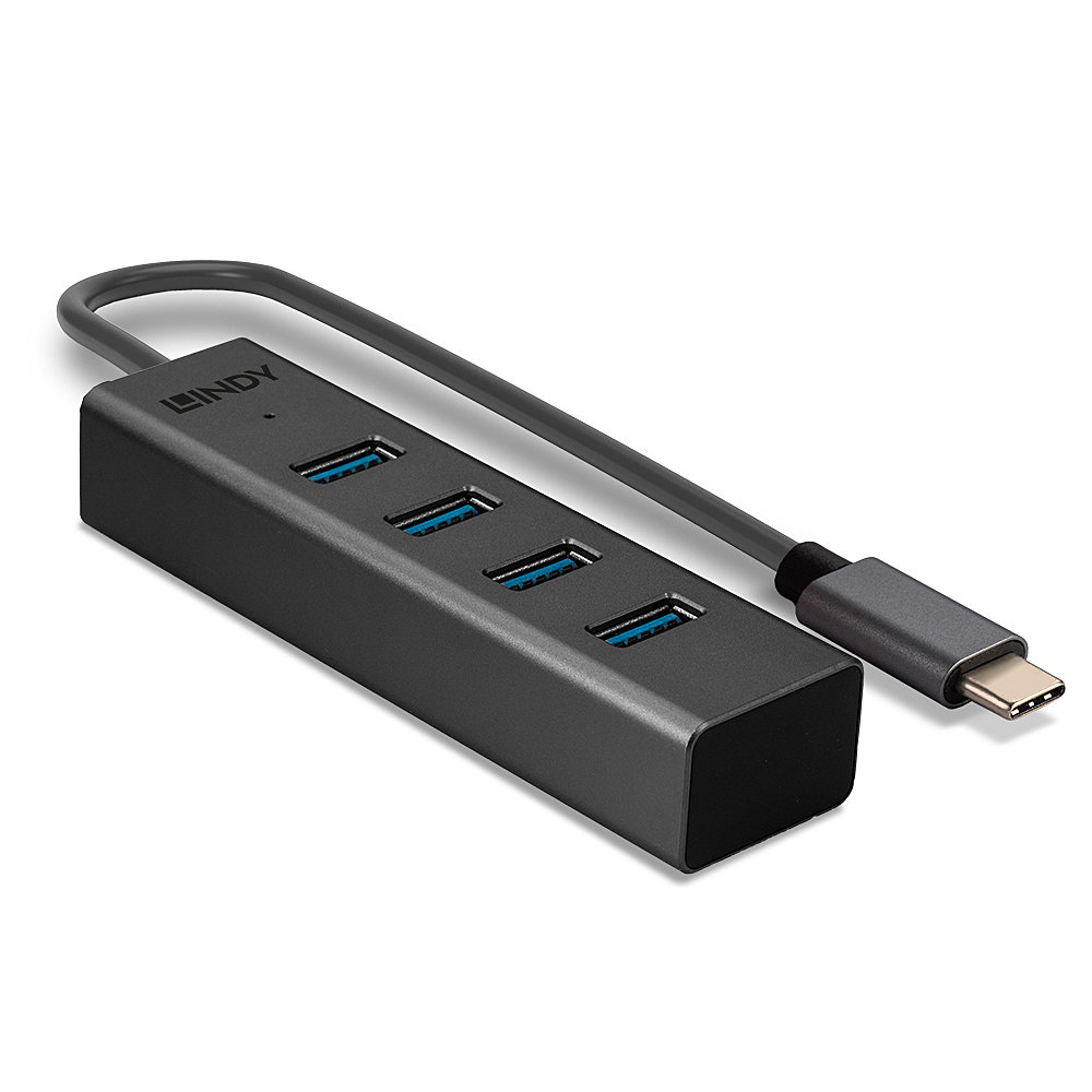 Hub USB LINDY grigio con quattro porte e connettore USB-C, con sfondo bianco.
