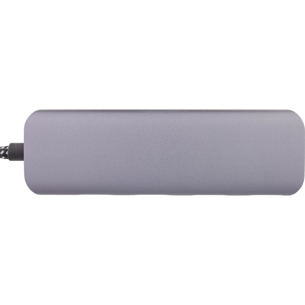 Un hub USB grigio visto lateralmente. È rettangolare e ha un cavo intrecciato collegato.