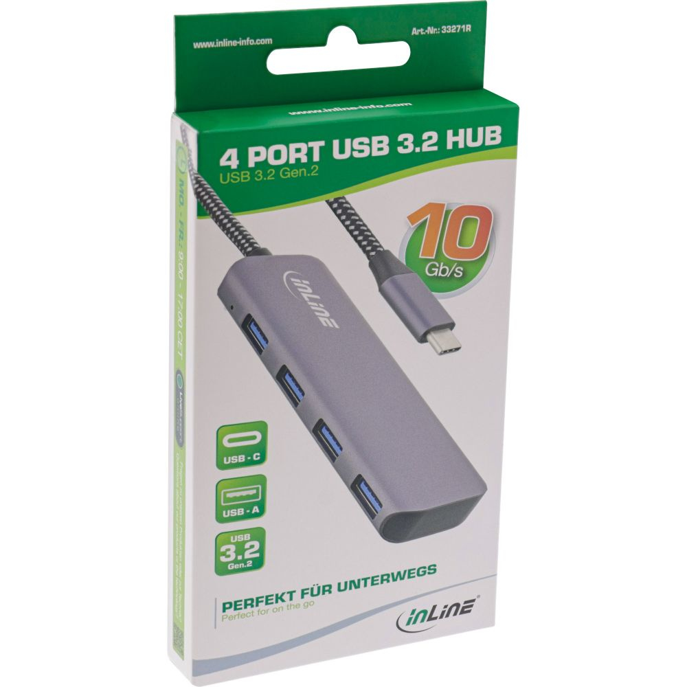 Una scatola con un hub USB e un cavo all'interno, con icone e testo.