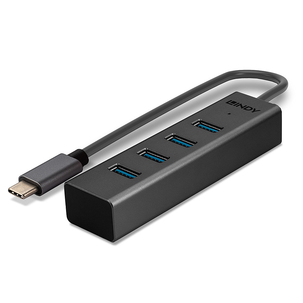 Un hub USB nero con 4 porte e un cavo con connettore USB-C. La parola LINDY è visibile.