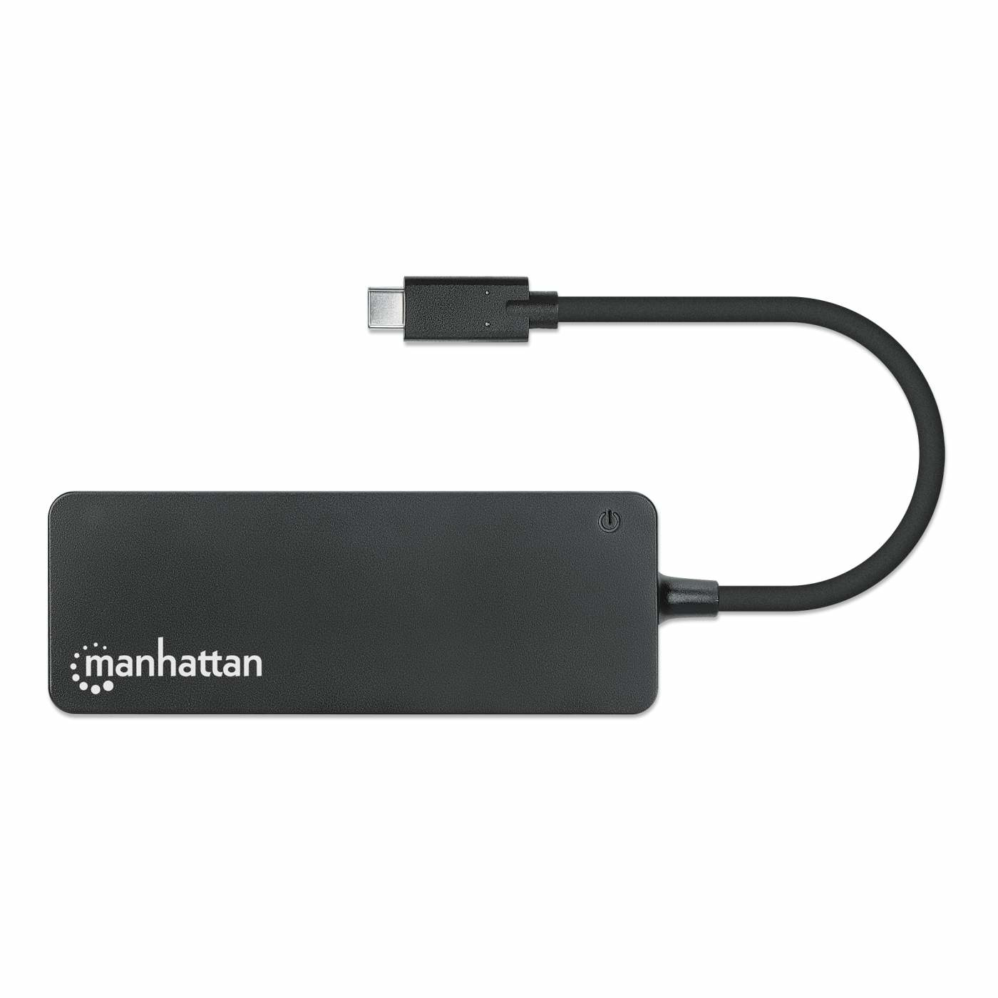 Un hub USB nero con 4 porte. Ha un connettore USB-C. Il logo Manhattan è visibile.