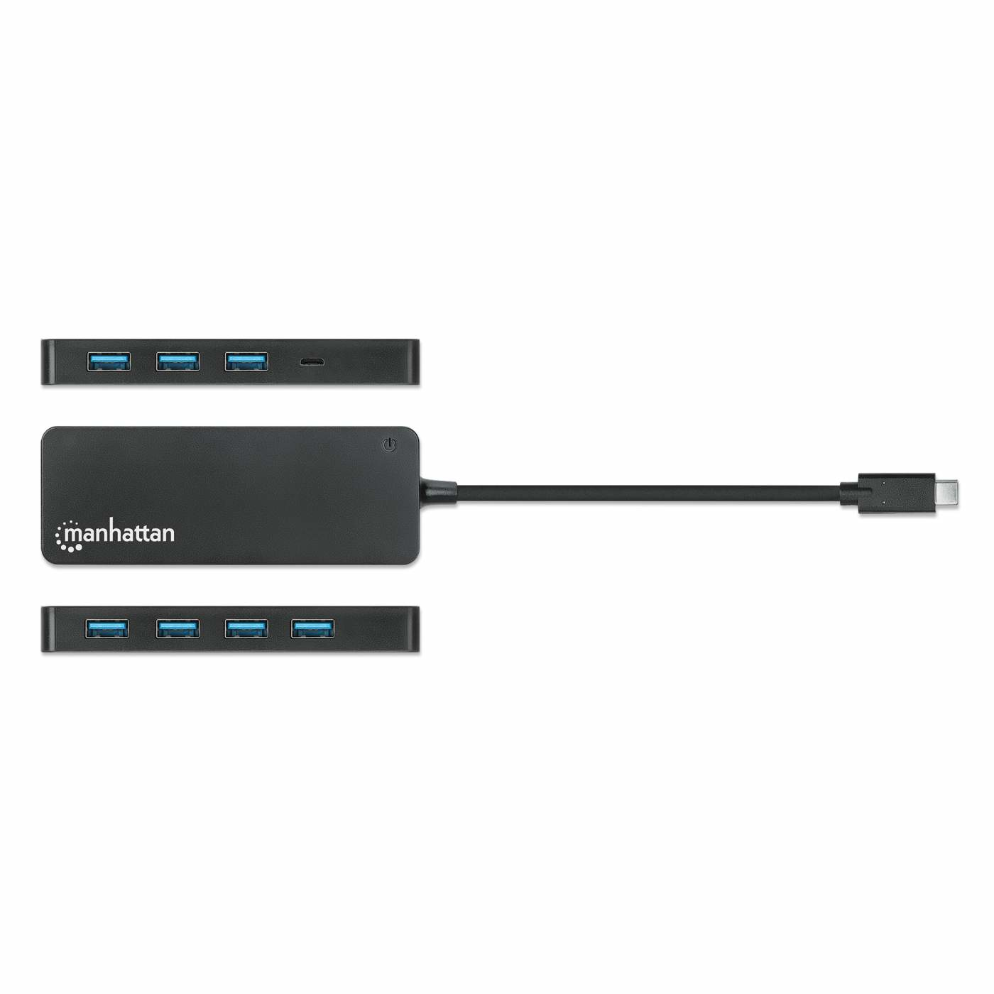 Un hub USB nero con 4 porte e un connettore USB-C. Il logo Manhattan è visibile.