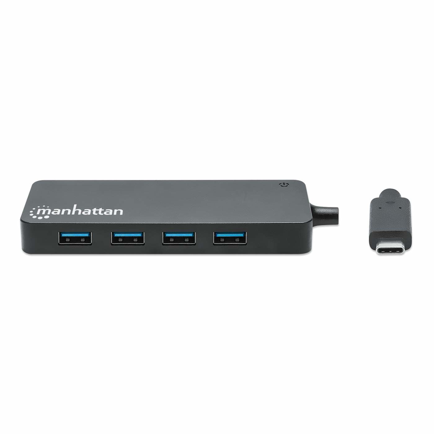 Un hub USB nero con 4 porte e un connettore USB-C. Il logo Manhattan è visibile.