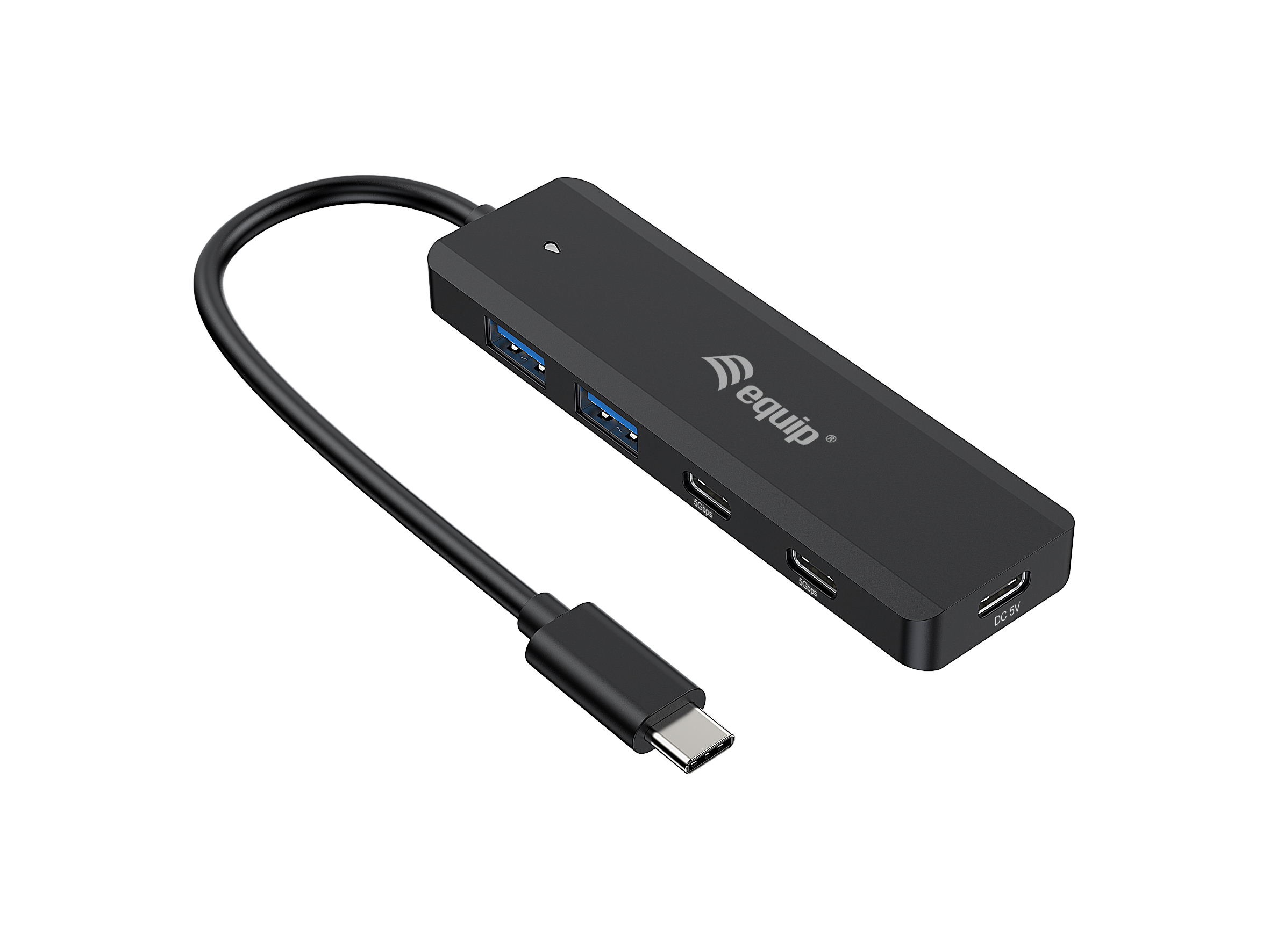 Hub USB nero con più porte e un cavo nero collegato con connettore USB-C.