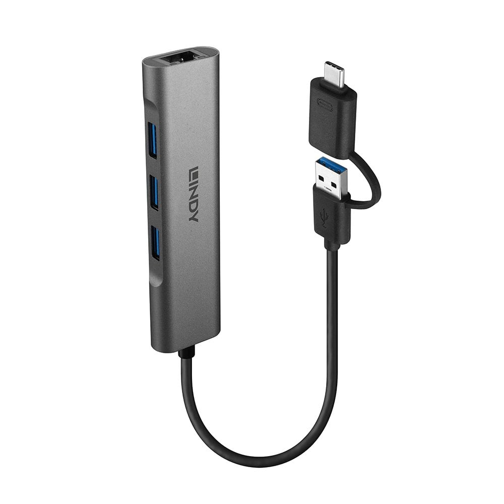 Hub USB LINDY grigio con più porte e cavo USB-C e USB-A.