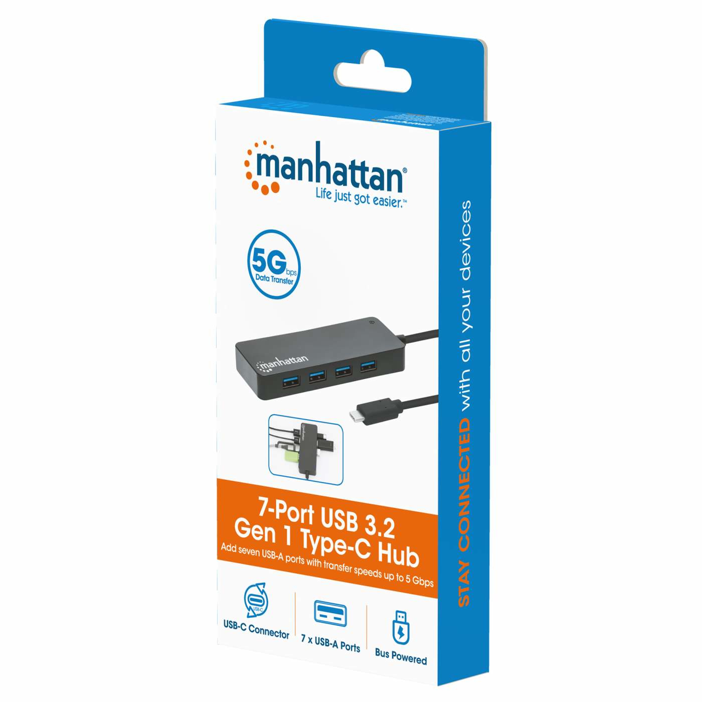 Scatola Manhattan 7 porte USB 3.2 Gen 1 Type-C Hub, hub nero con porte USB-A e USB-C.