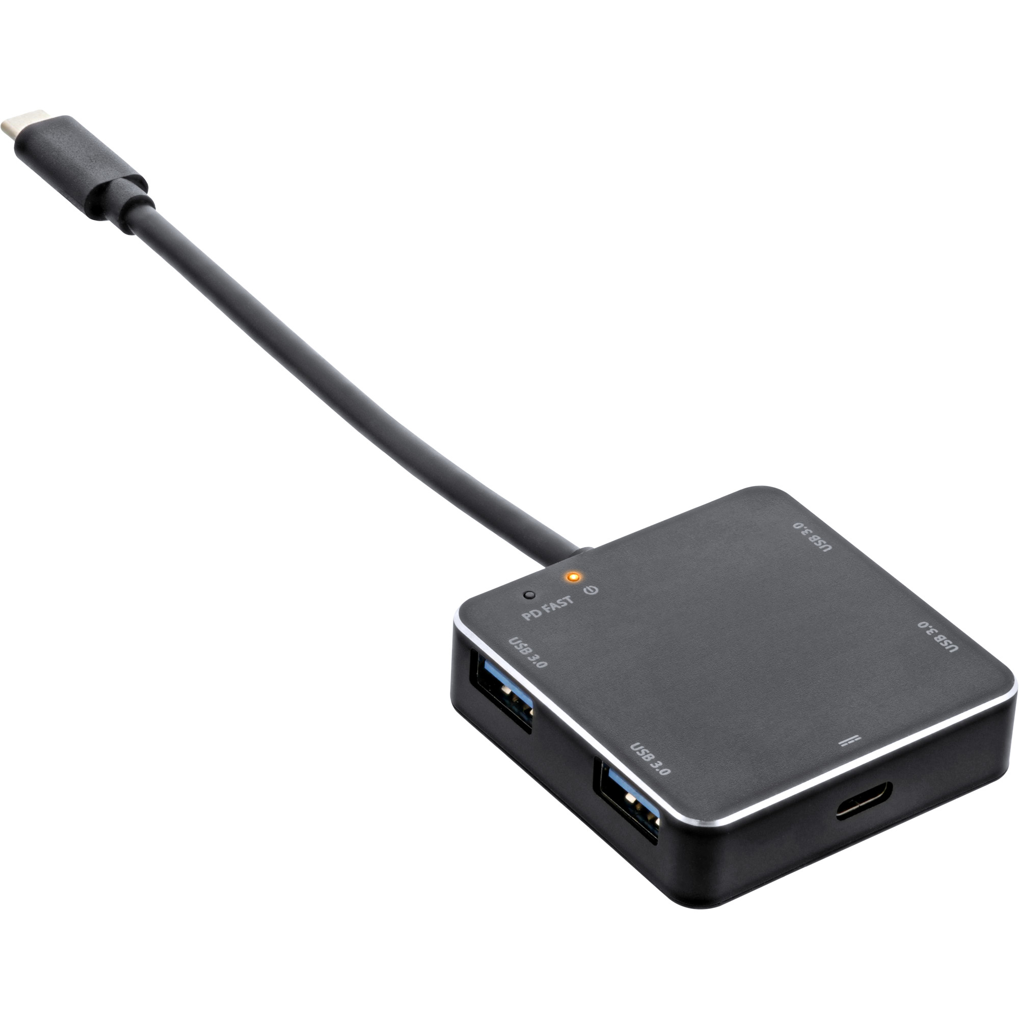 Hub USB nero con quattro porte, connettore USB-C e indicatore di alimentazione arancione, su bianco.