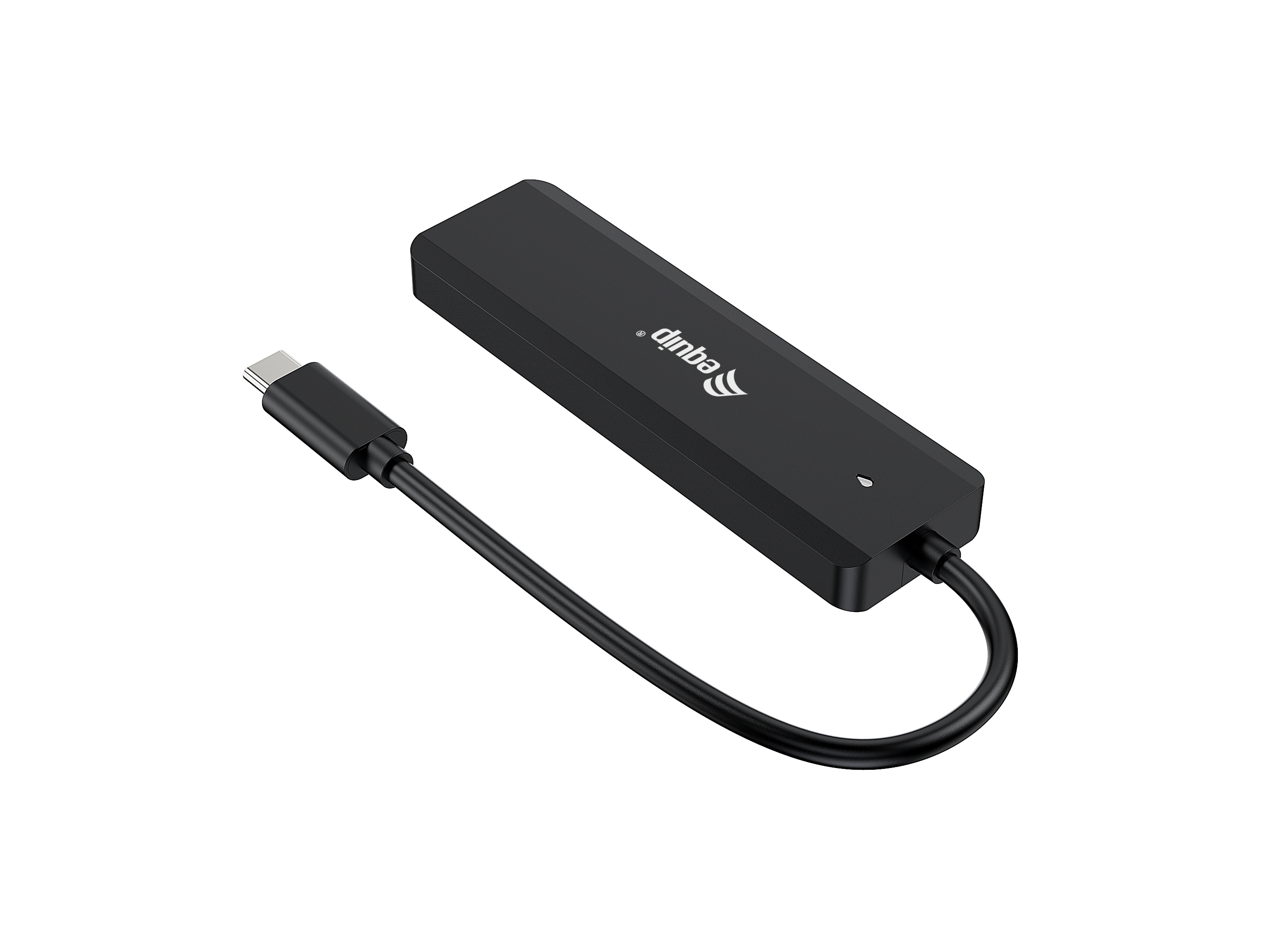 Hub USB-C equip nero con un cavo collegato.