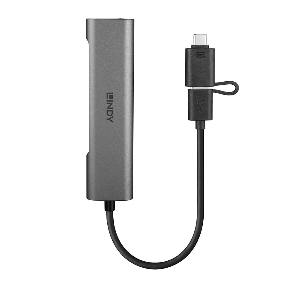 Un hub USB grigio con due porte e un cavo USB-C.