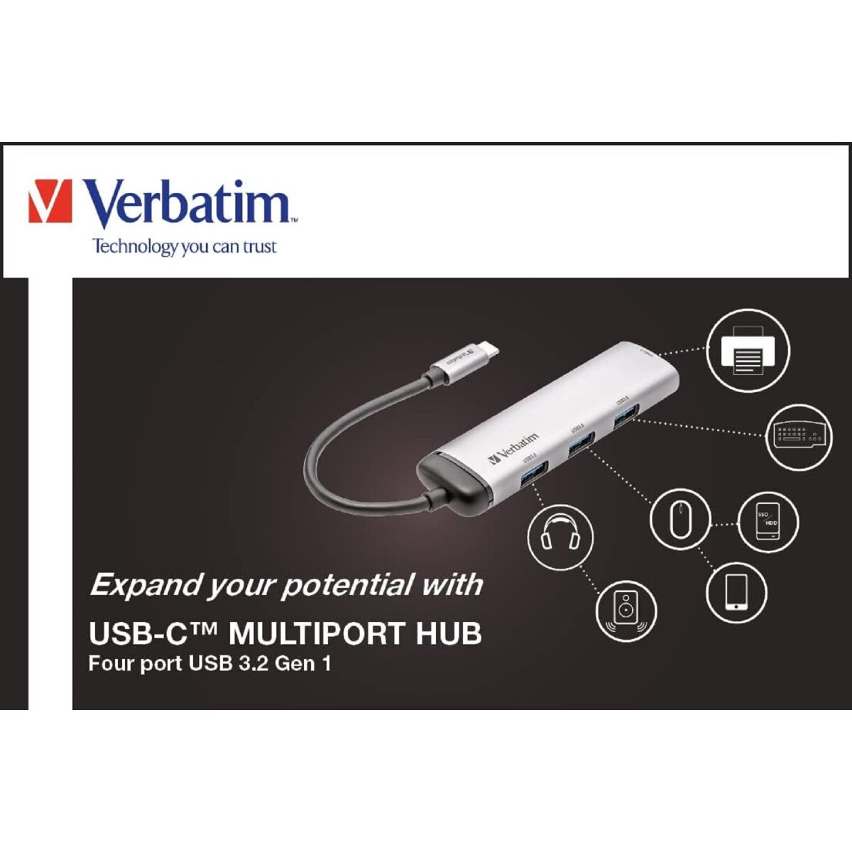 Un hub multiport USB-C Verbatim con un cavo e icone di dispositivi collegati.