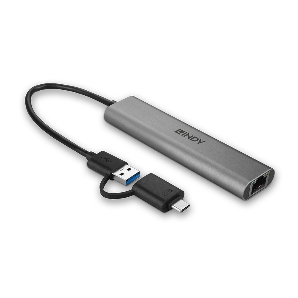 Hub USB LINDY grigio con più porte e cavo USB-C e USB-A.