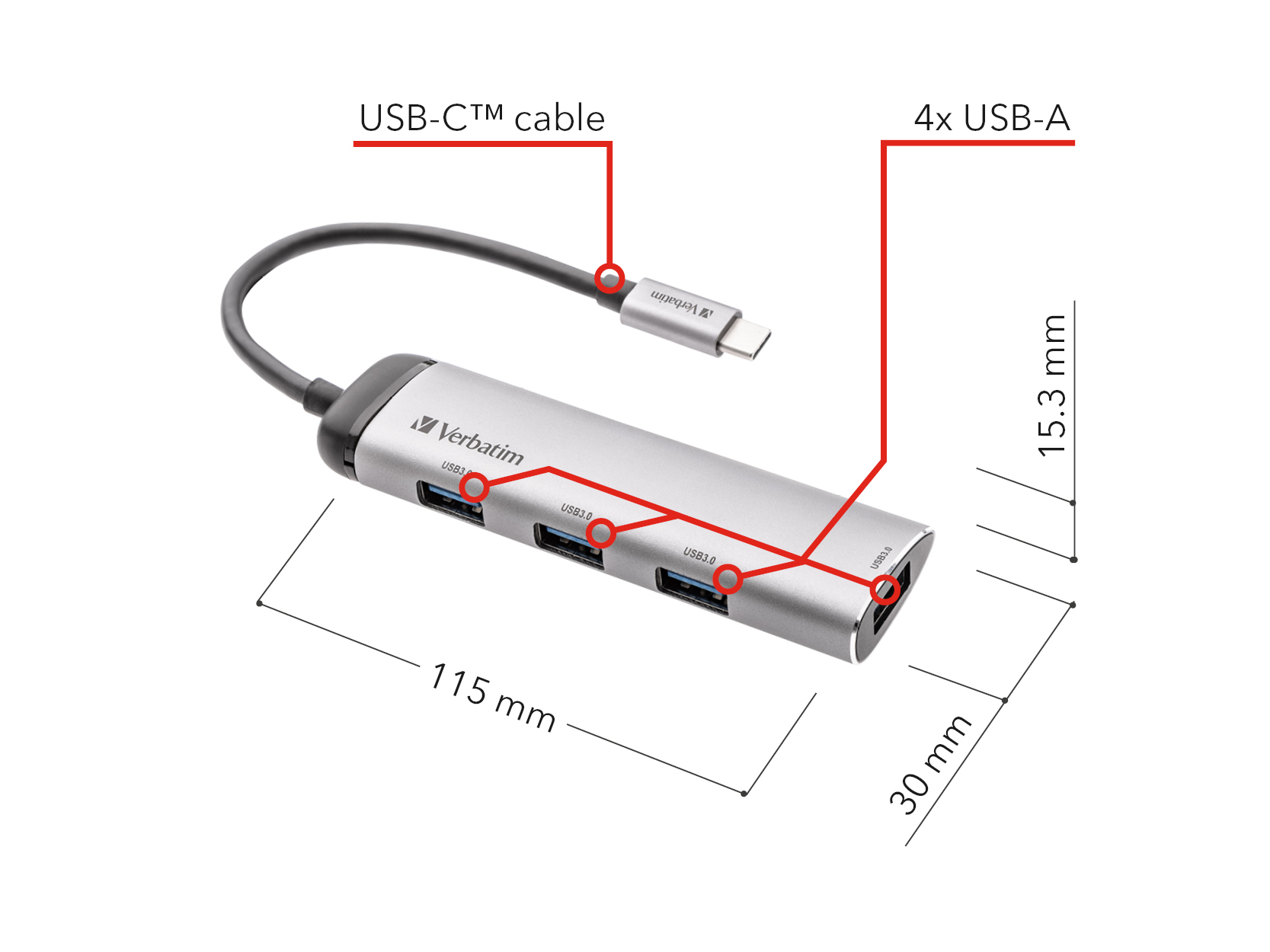 Hub USB Verbatim argentato con cavo USB-C e quattro porte USB-A. Dimensioni mostrate.