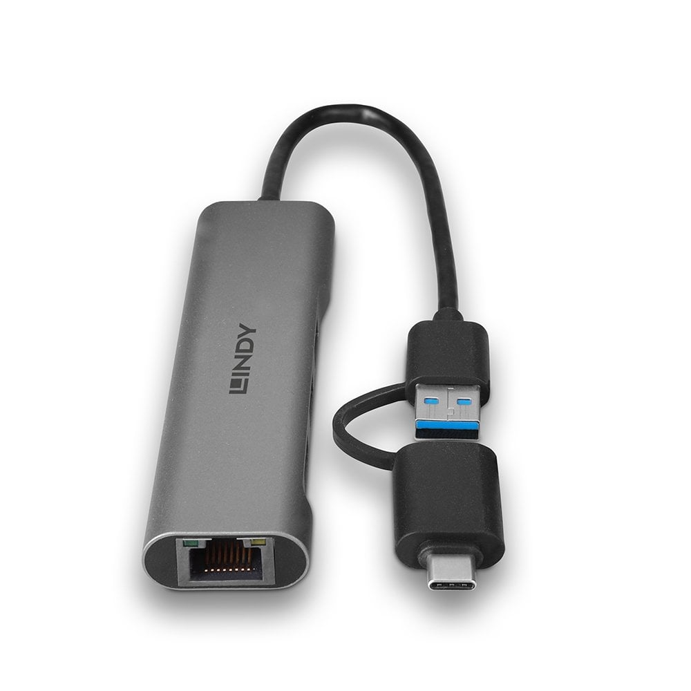 Hub LINDY grigio con porte Ethernet e USB-A. Sfondo bianco.