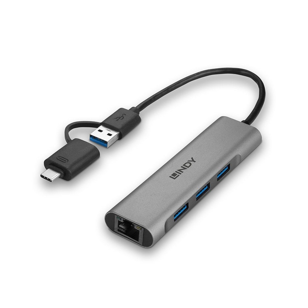 Hub USB LINDY grigio con più porte e cavo USB-C e USB-A.