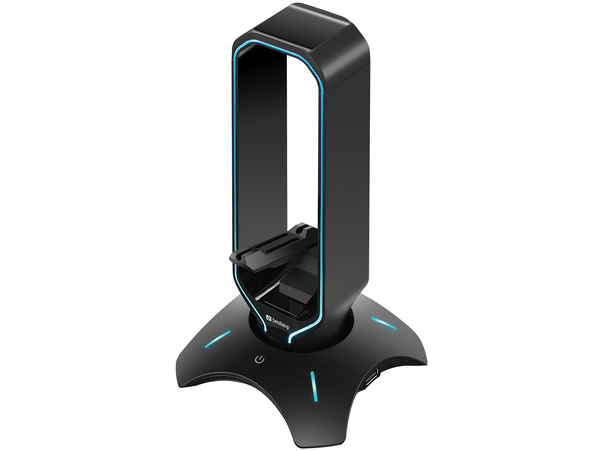 Bungee per mouse nero con accenti di luce blu. È nero con un design curvo e una base.