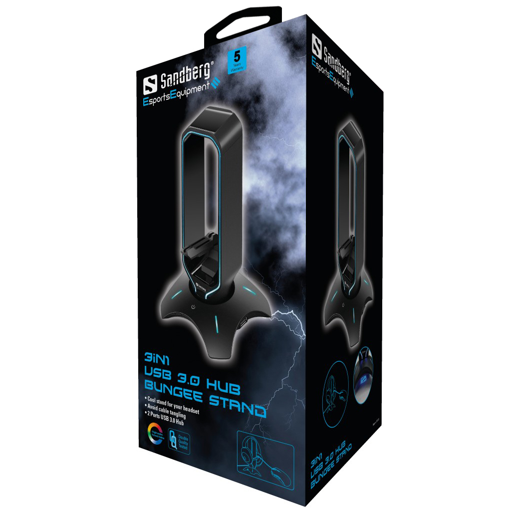 Scatola del supporto bungee hub USB 3.0 Sandberg, con immagini del prodotto e funzionalità.