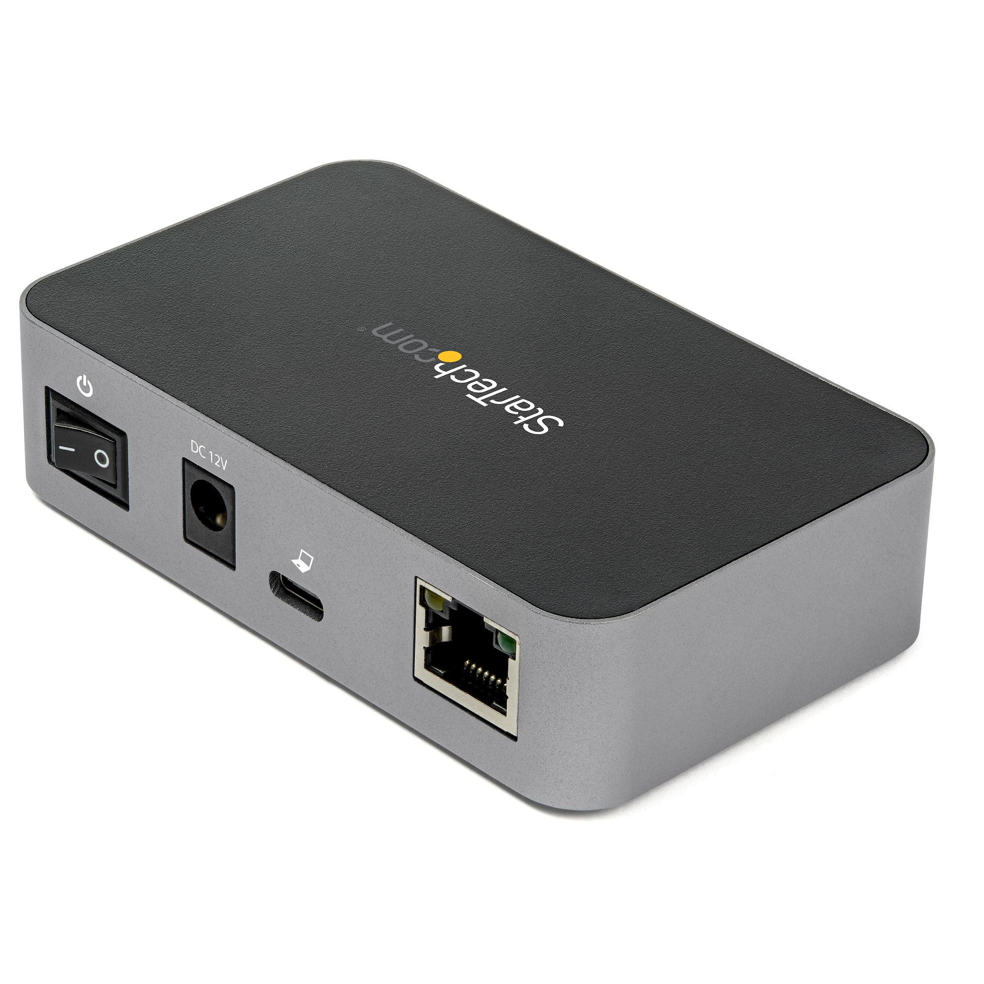 Grauer rechteckiger Netzwerkadapter mit Strom- und Netzwerkanschlüssen. Weißer Hintergrund.
