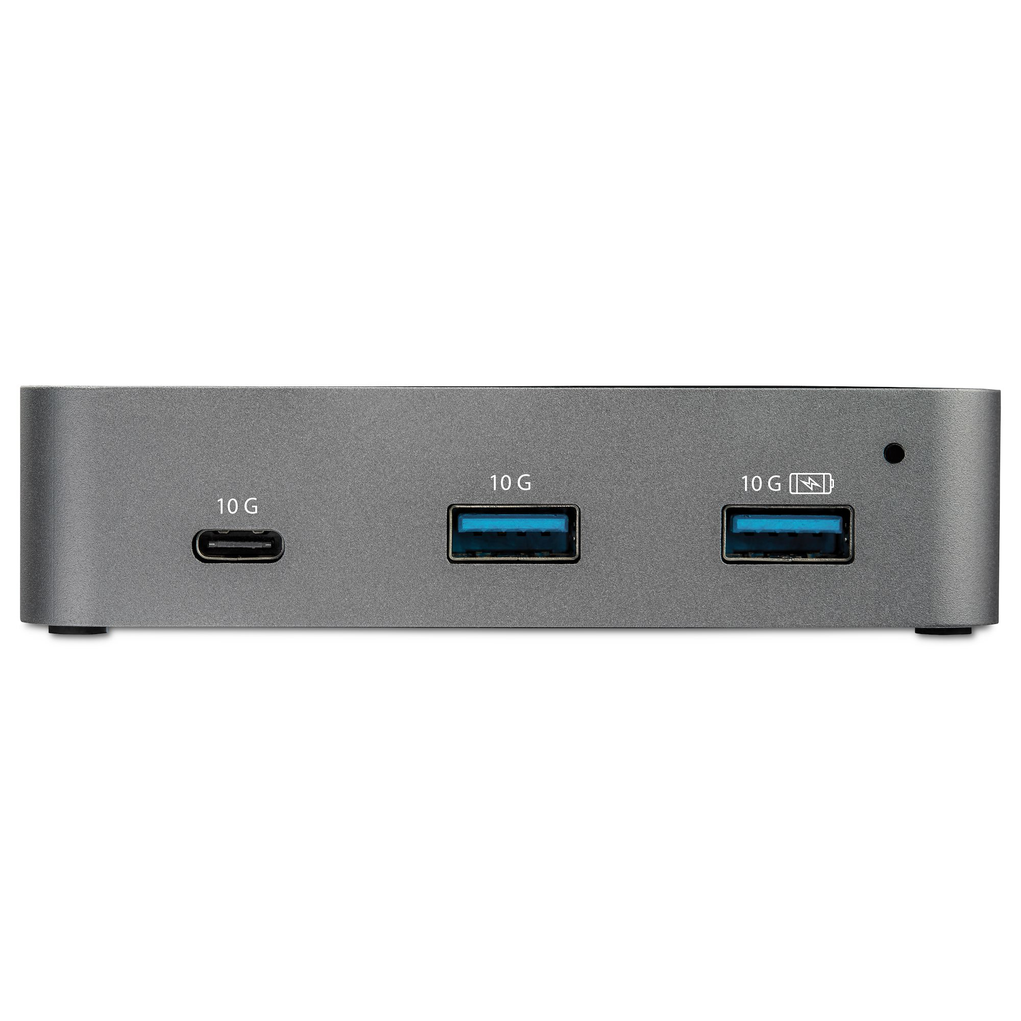 Grauer USB-Hub mit drei USB-Anschlüssen und einem USB-C-Anschluss. Der Text '10 G' ist sichtbar.
