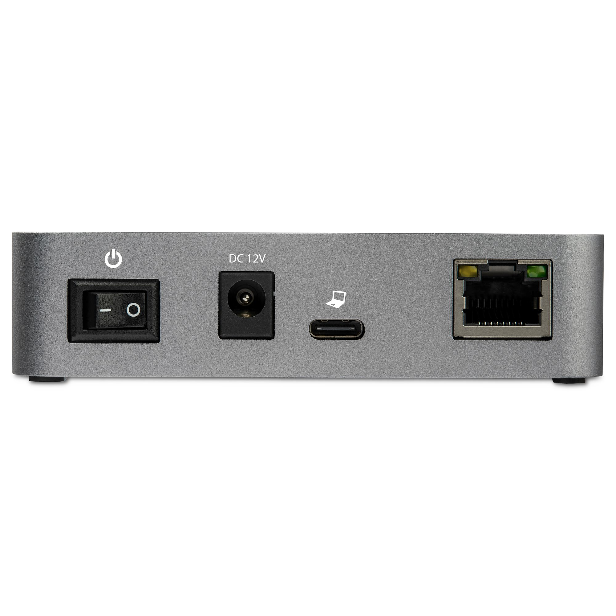 Rückseite eines silbernen USB-Hubs mit Ein-/Ausschalter, DC 12V und Ethernet-Anschluss.