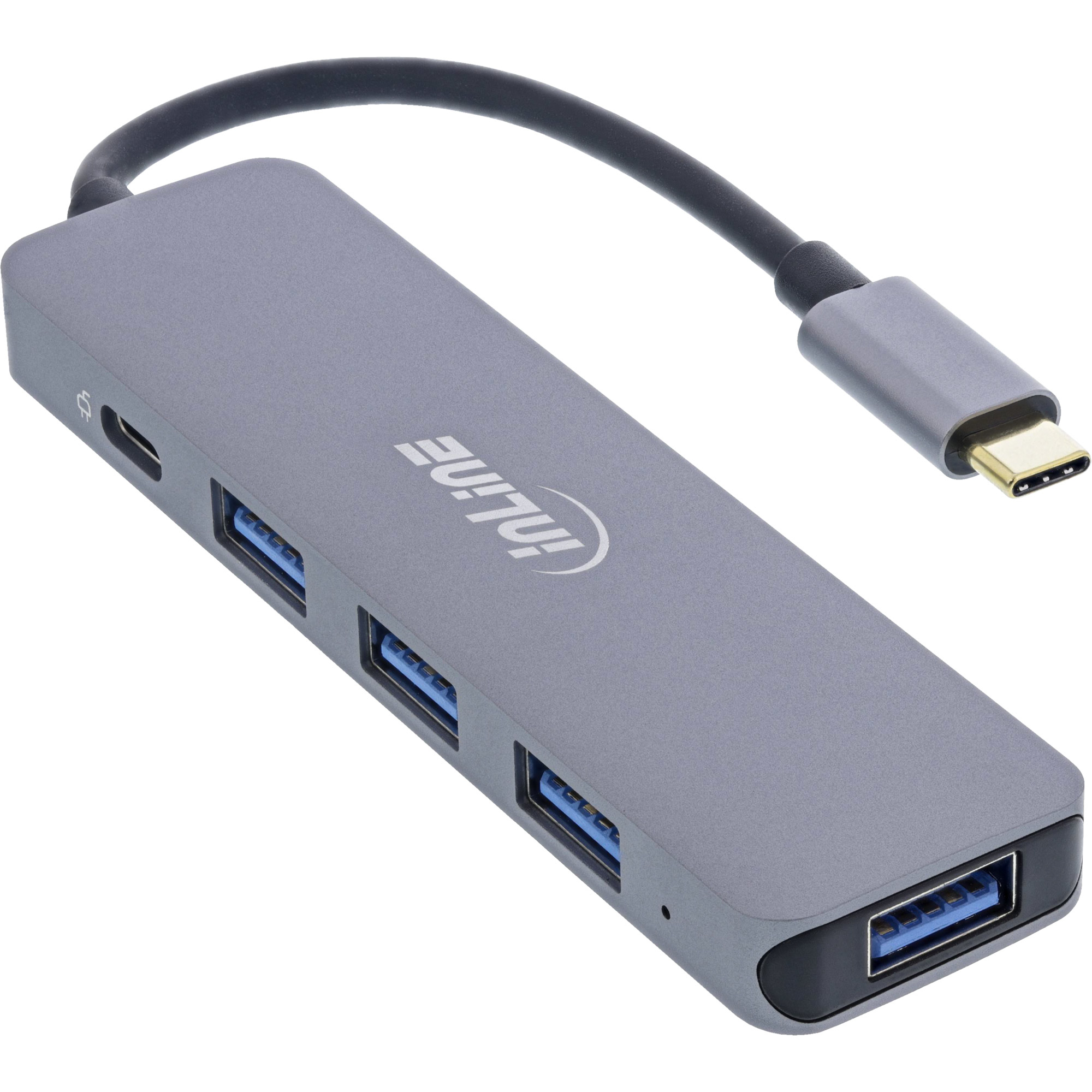 Hub USB grigio con cavo nero e connettore USB-C. Ha porte USB 3.0 e il logo InLine.