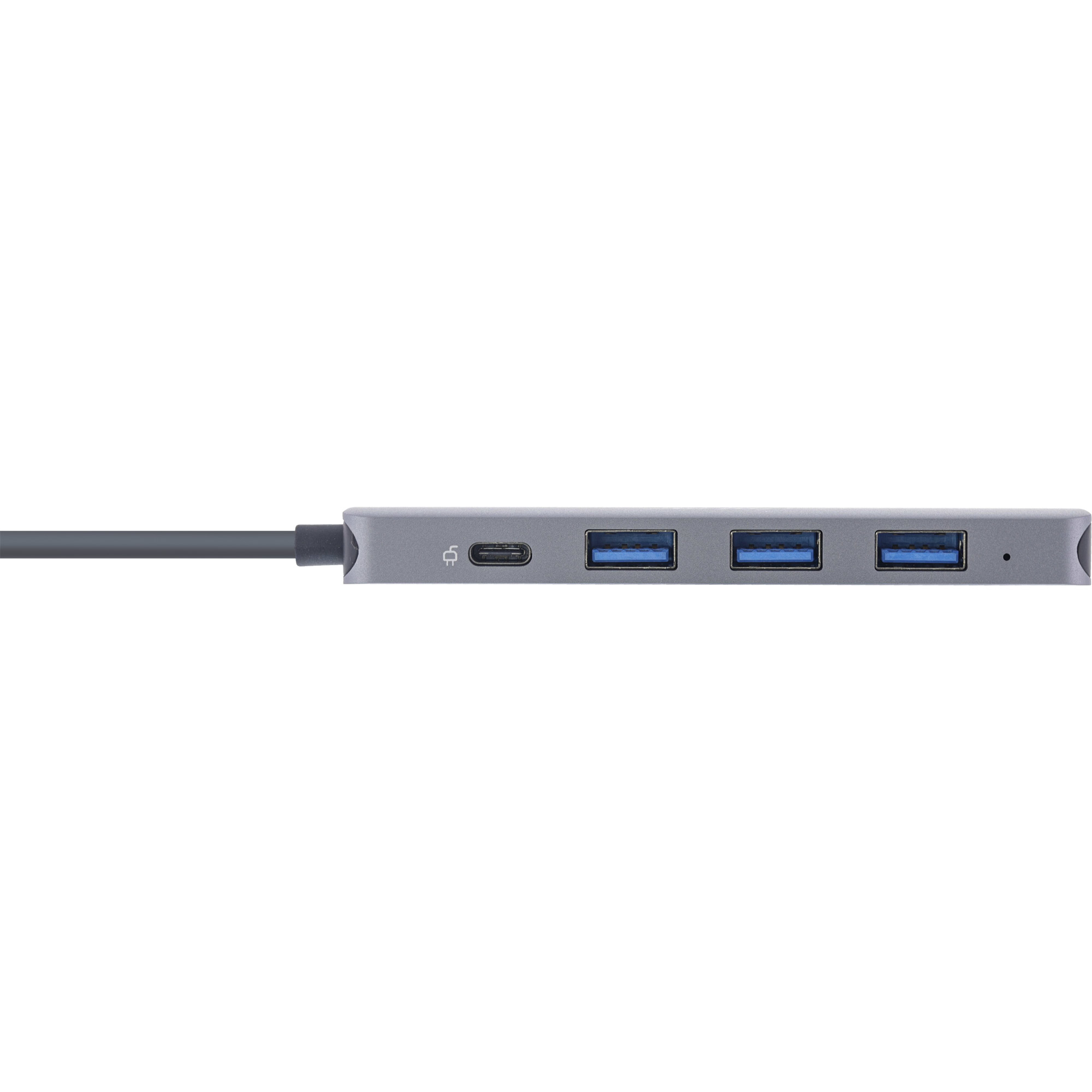 Hub USB grigio con tre porte USB, con un connettore USB-C sul lato sinistro.