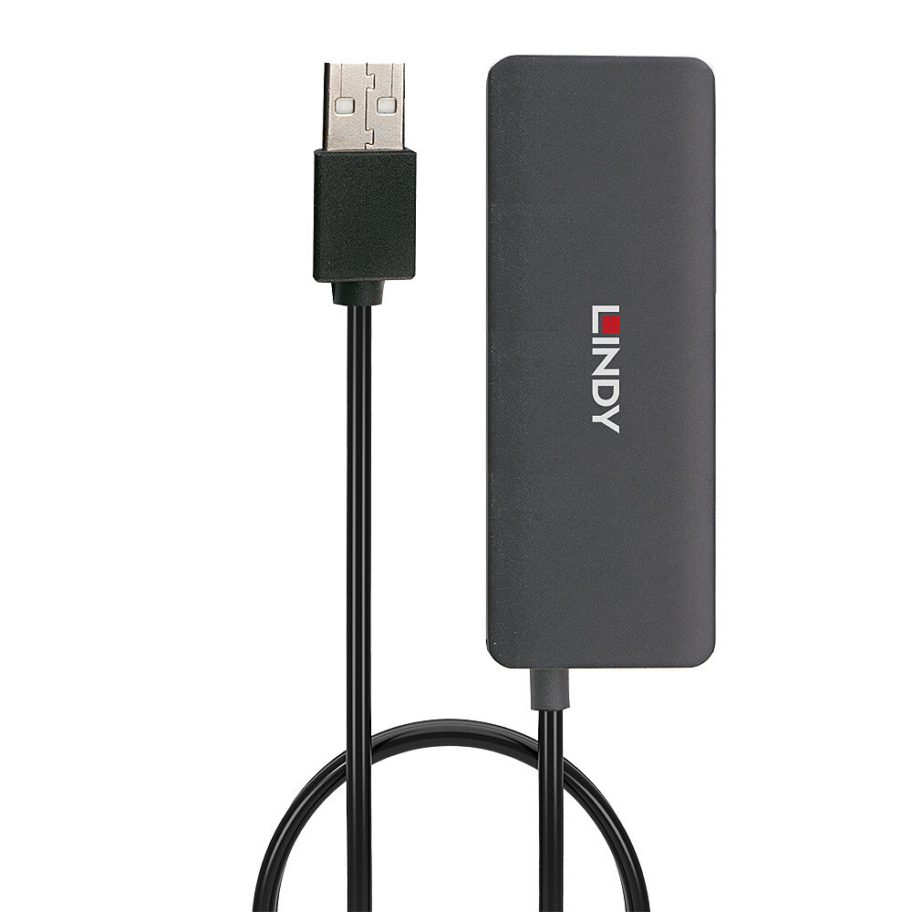 Un hub USB nero con cavo nero, su sfondo bianco, e logo Lindy.